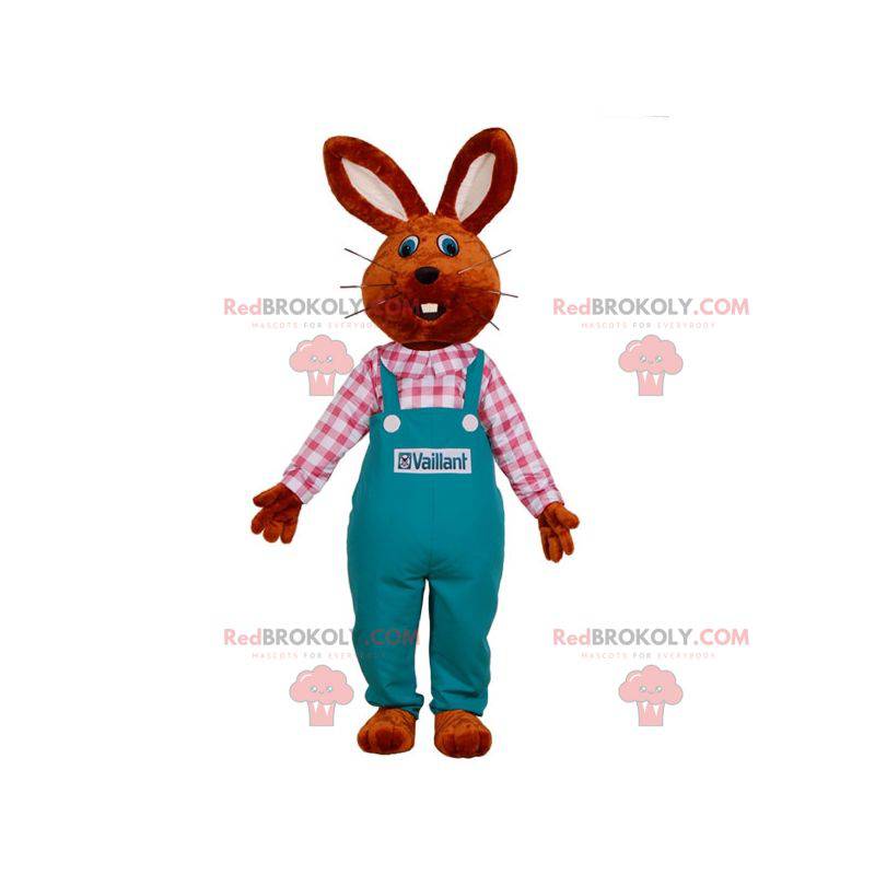 Rabbit mascot dressed in overalls. Farmer mascot -