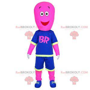 Mascote feminino do boneco de neve rosa com um vestido azul -