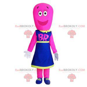 Female pink snowman mascot dressed in a blue dress -