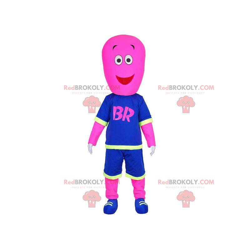 Mascotte de bonhomme rose habillé en tenue de basket-ball -