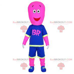 Roze sneeuwpopmascotte gekleed in basketbaloutfit -