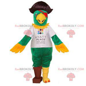 Papegøje maskot klædt ud som en pirat. Grøn og gul papegøje -
