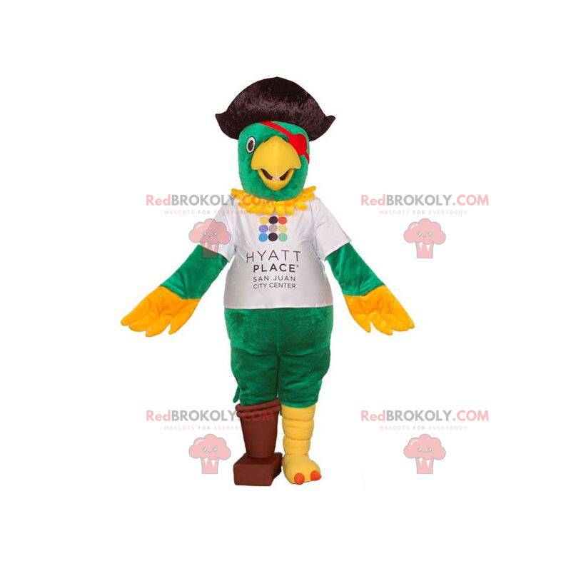 Maskot papouška oblečený jako pirát. Zelený a žlutý papoušek -