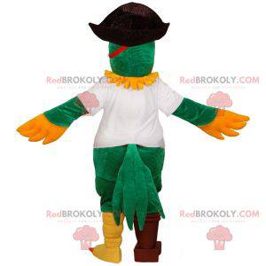 Parrot mascot dressed as a pirate. Green and yellow parrot -