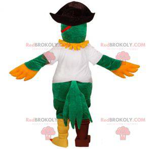 Mascote do papagaio vestido de pirata. Papagaio verde e amarelo
