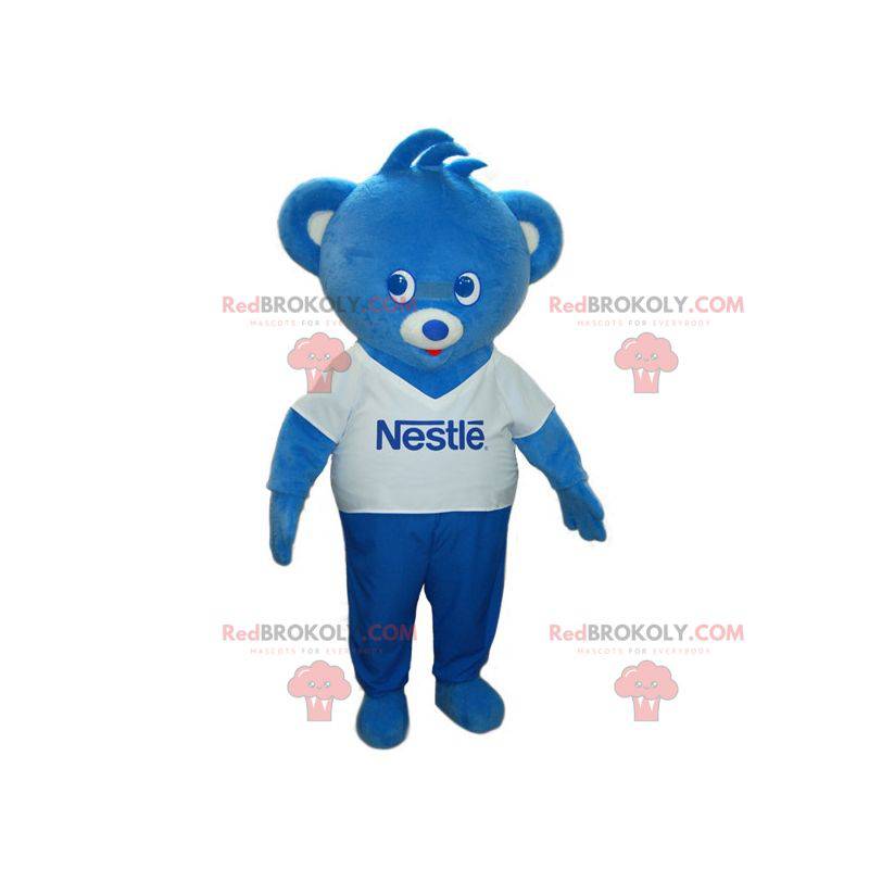 Mascota del oso de peluche azul y blanco. Oso de Nestlé -