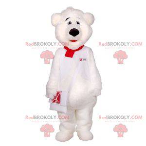 Mascote do ursinho de pelúcia branco com uma bolsa -