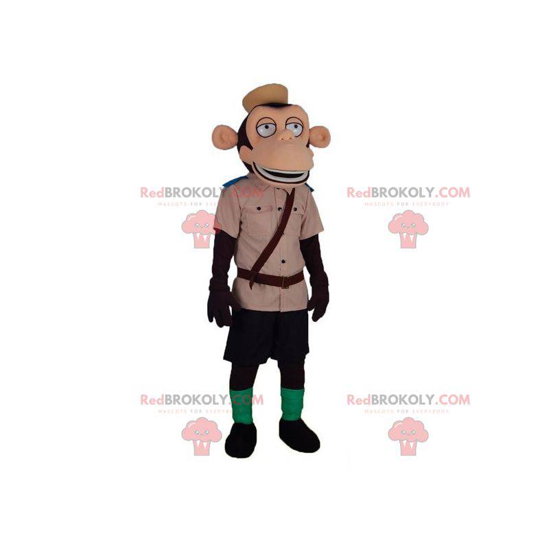 Mascota de mono en traje de explorador de cuidador de zoológico