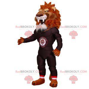 Mascote leão muito musculoso e intimidante em roupas esportivas