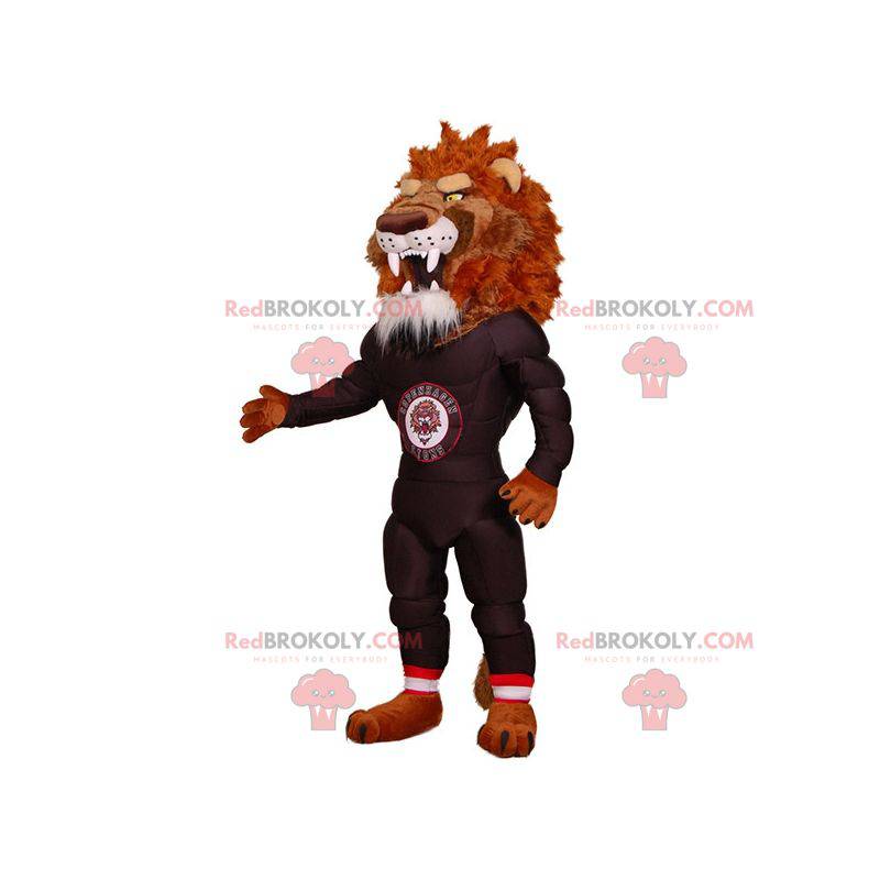 Very muscular and intimidating lion mascot in sportswear -