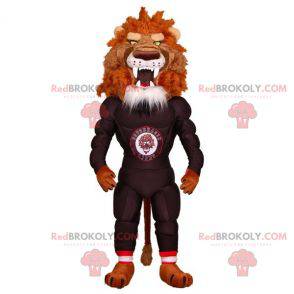 Mascote leão muito musculoso e intimidante em roupas esportivas