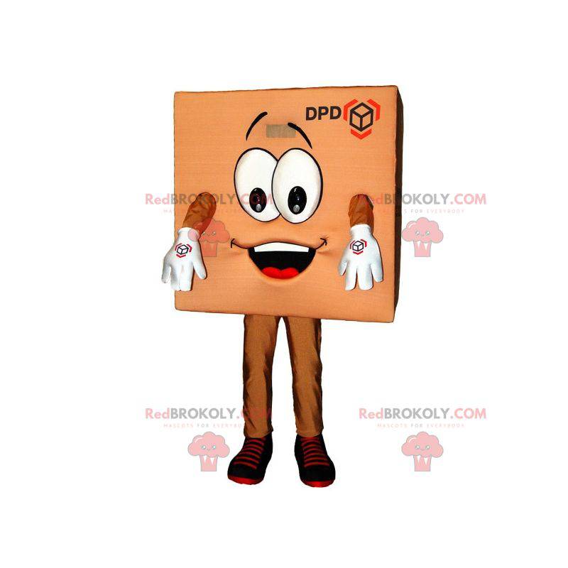 Mascote sorridente de papelão de pacote de entrega marrom -