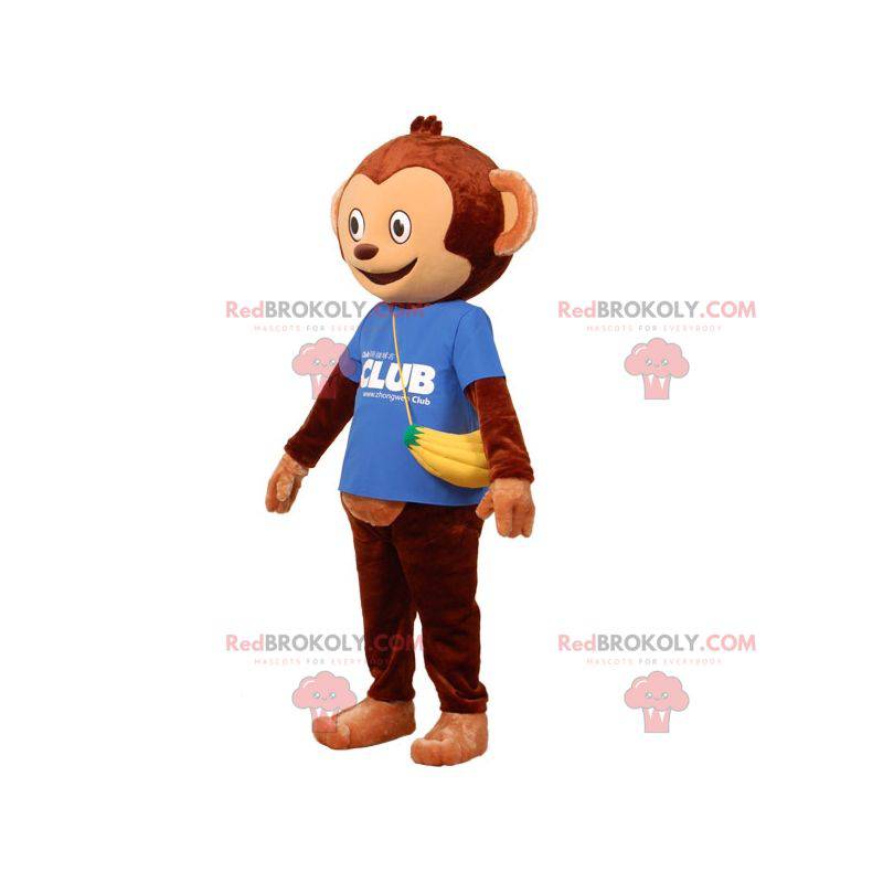 Mascota mono marrón con una bolsa en forma de plátano -