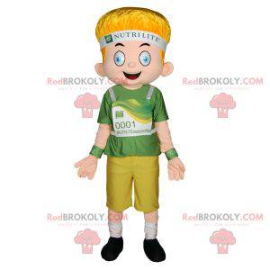 Mascot blond boy with blue eyes dressed in green -