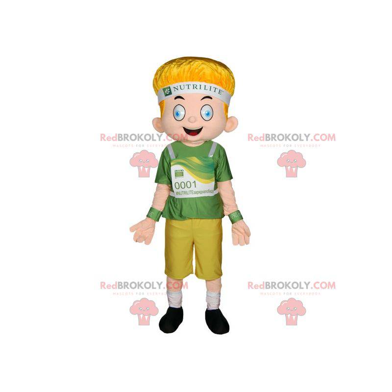 Maskot blonďák s modrýma očima, oblečený v zelené barvě - Maskot blonďák s modrýma očima, oblečený v zelené barvě -