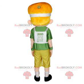 Mascot blond boy with blue eyes dressed in green -