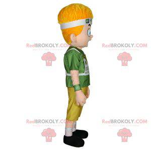 Mascot blond boy with blue eyes dressed in green -