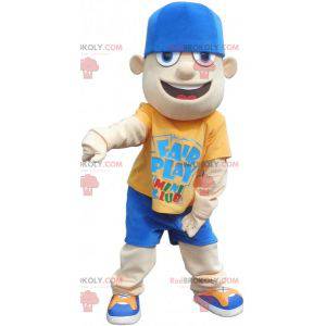 Mascot young teenage boy in blue and yellow outfit -