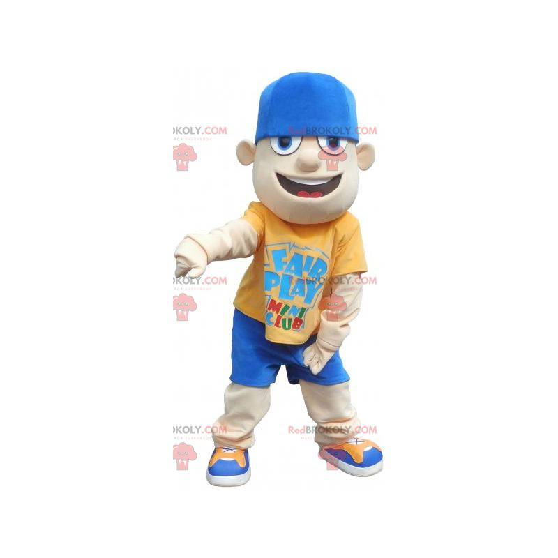 Mascot joven adolescente en traje azul y amarillo - Mascot joven adolescente en traje azul y amarillo -