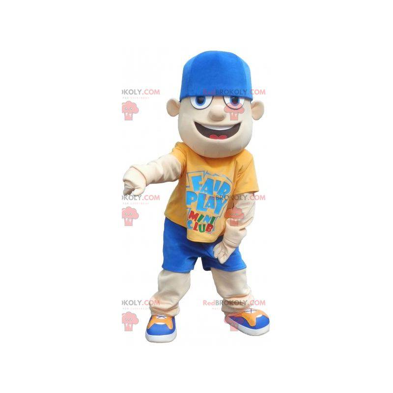 Mascot young teenage boy in blue and yellow outfit -