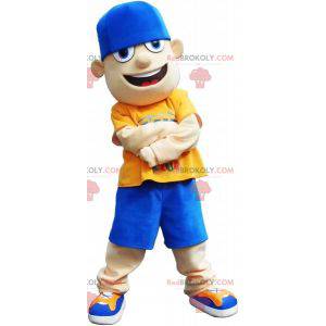 Mascot joven adolescente en traje azul y amarillo -