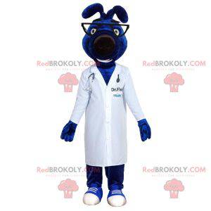 Mascotte de chien bleu avec une blouse de médecin -