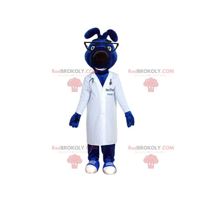 Mascote cão azul com casaco de médico - Redbrokoly.com