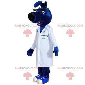 Mascotte de chien bleu avec une blouse de médecin -