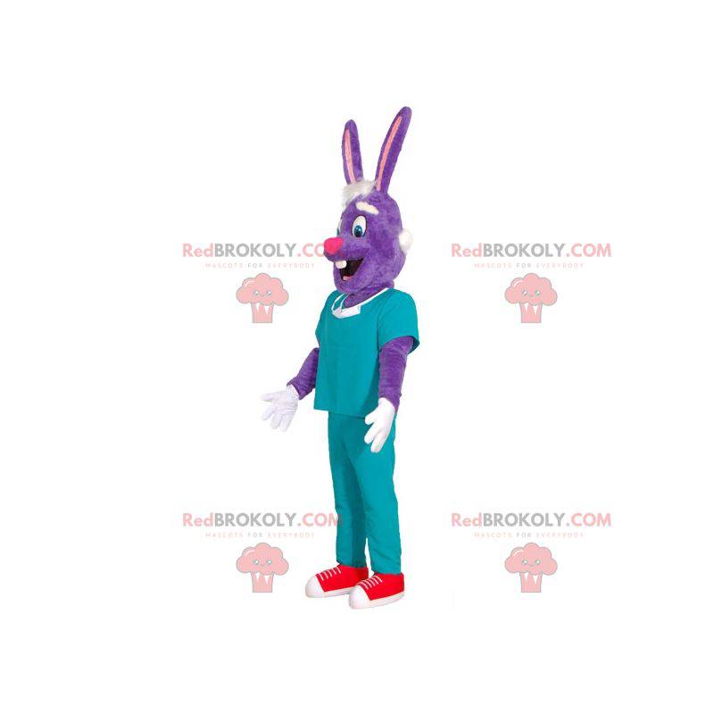 Lila Kaninchen Maskottchen als Chirurg verkleidet. -