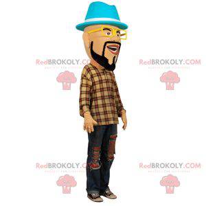 Mascotte d'homme barbu avec des lunettes et un chapeau -