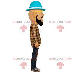 Mascotte d'homme barbu avec des lunettes et un chapeau -