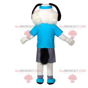 White and black dog mascot in sportswear with a headband -