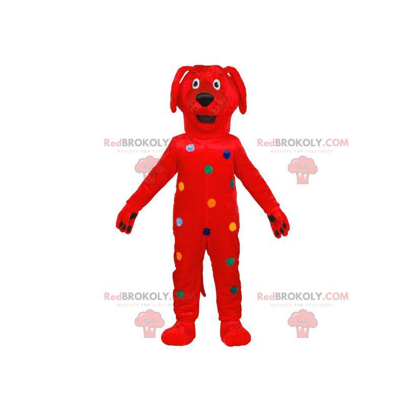 Mascote cachorro vermelho com bolinhas coloridas -