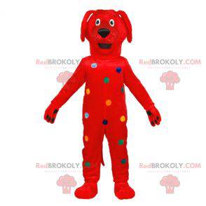 Mascote cachorro vermelho com bolinhas coloridas -