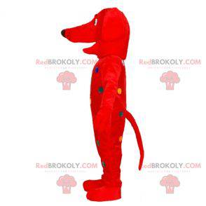 Rød hundemaskot med farverige prikker - Redbrokoly.com
