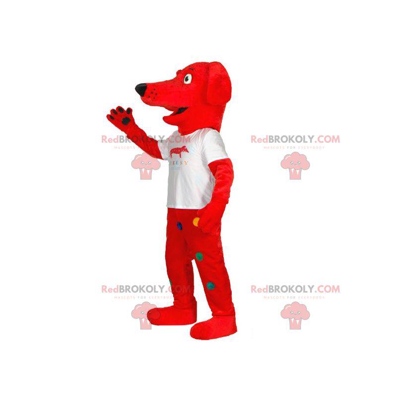 Mascote cachorro vermelho com bolinhas coloridas -