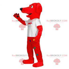 Mascote cachorro vermelho com bolinhas coloridas -