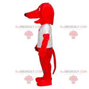 Mascote cachorro vermelho com bolinhas coloridas -