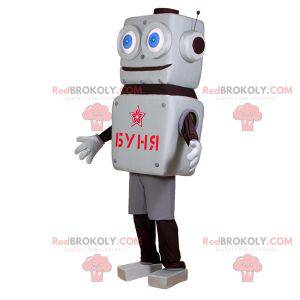 Mascotte de robot gris et noir avec de grands yeux bleus -