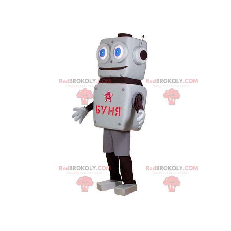 Mascotte de robot gris et noir avec de grands yeux bleus -