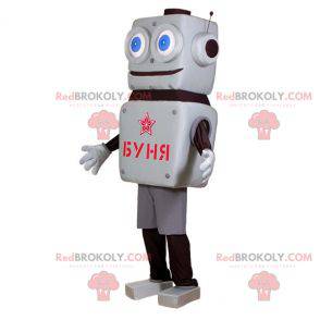 Grå och svart robotmaskot med stora blå ögon - Redbrokoly.com