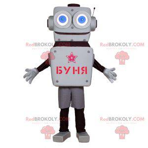 Mascotte de robot gris et noir avec de grands yeux bleus -