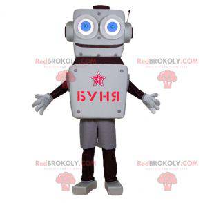 Gray and black robot mascot with big blue eyes - Redbrokoly.com