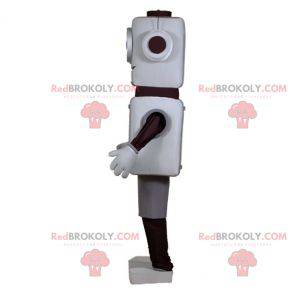 Mascotte robot grigio e nero con grandi occhi azzurri -