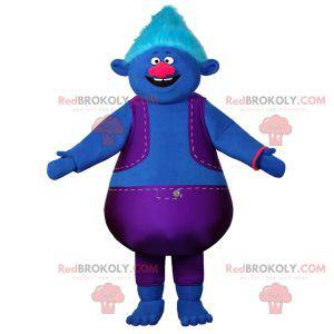 Plump blue snowman mascot dressed in a colorful outfit -