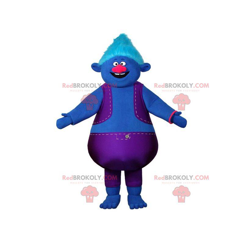 Plump blue snowman mascot dressed in a colorful outfit -
