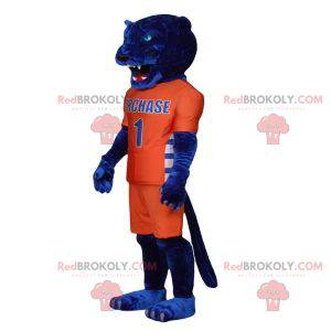 Blaues Tigermaskottchen in orange Sportbekleidung -