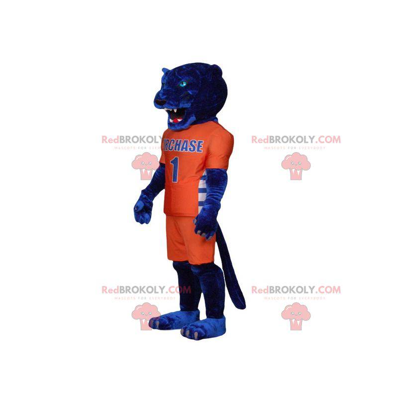 Blaues Tigermaskottchen in orange Sportbekleidung -