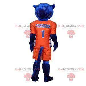 Mascote tigre azul em roupas esportivas laranja - Redbrokoly.com