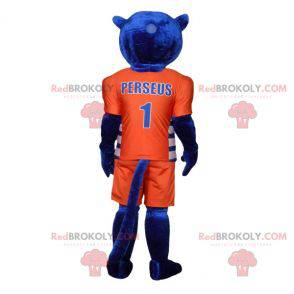 Blue tiger mascot in orange sportswear - Redbrokoly.com